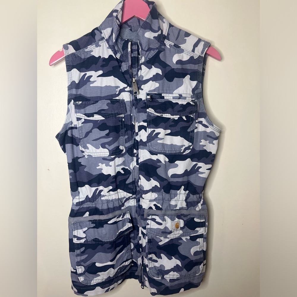 Carhartt blue camo zip front cargo pocket vest top S